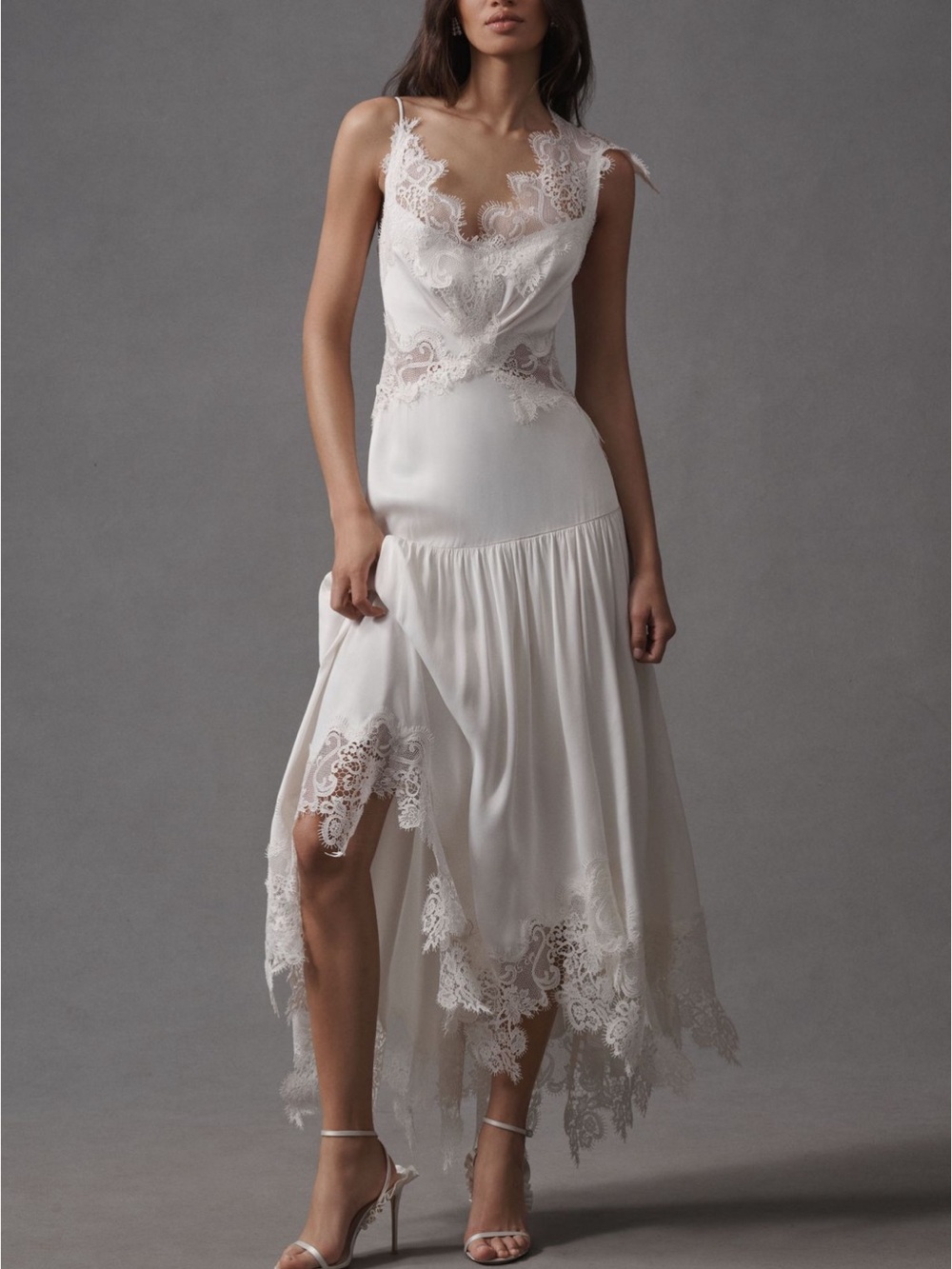 BHLDN Ivory Mixed Lace Drop-Waist Midi Dress